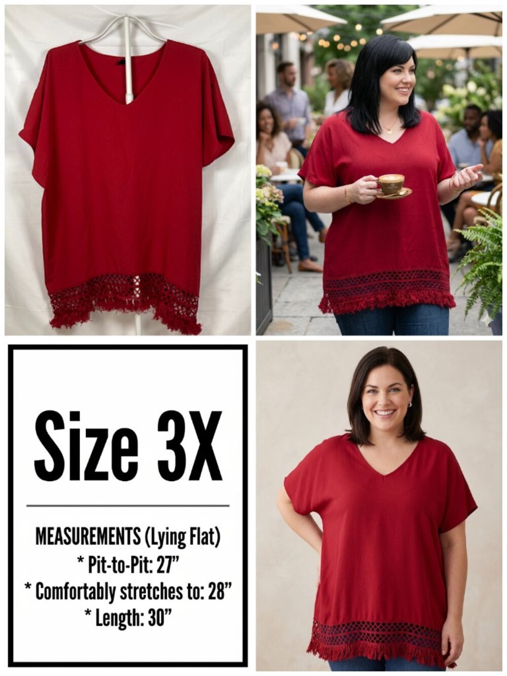 Shein Curve Plus Size 3X Cranberry Red Crochet Fringe V-Neck Top Size 22 24 Boho